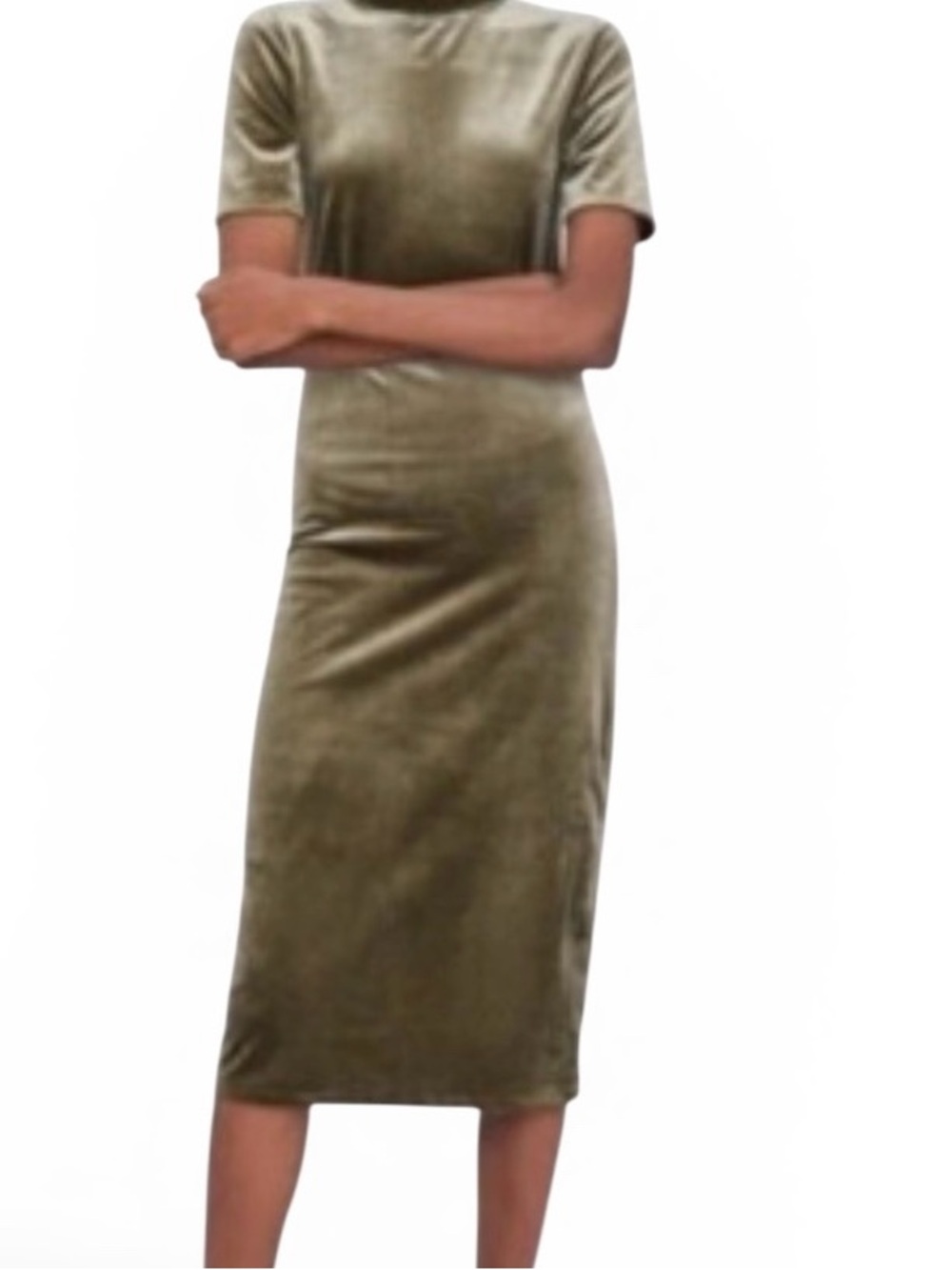 ZARA Velvet Mock Neck Midi Dress in Olive Green